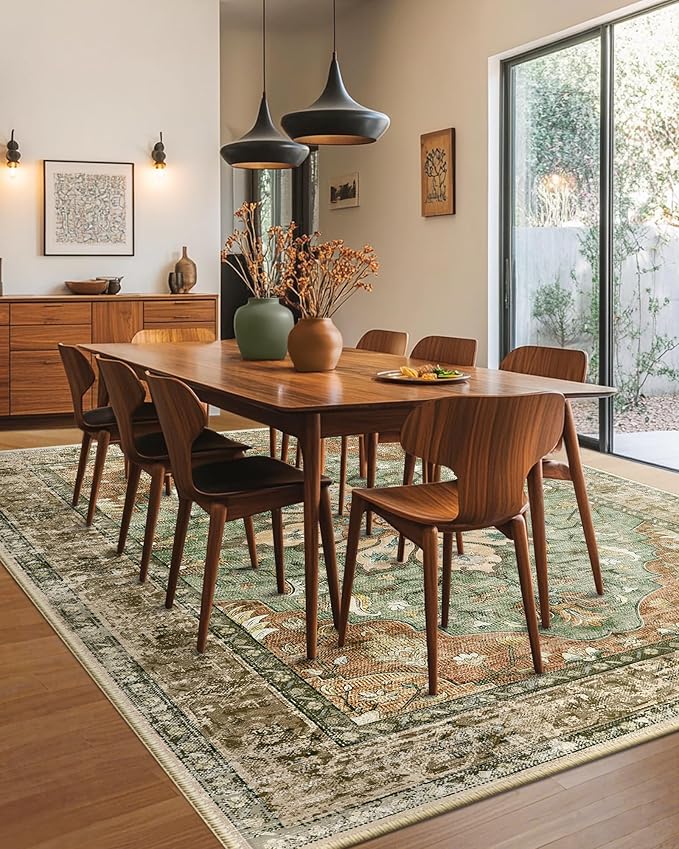 Area Rugs 6'x9' Washable Non-Slip, Floral Vintage Distress Print Pattern Medallion Carpet for Living Room Bedroom Dining Room, Brick Red Rust Neutral Brown Burnt Orange Green