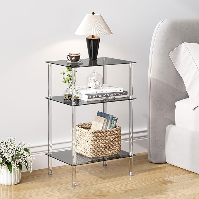 Tempered Glass Side Tables Set of 2 Acrylic End Table with 3 Storage Shelve transparent Bedside simplicity clear 3-Tier Nightstands for small Spaces Office Bedroom Living Room Study black ET-008BK3T