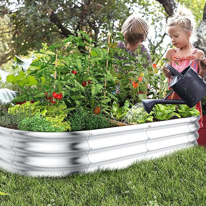 HOOPLE 2 Pack Raised Garden Bed 4x2x1FT, Galvanized Metal Raised Garden Bed Outdoor, Oval Design with Open Base for Better Drainage, Compact Garden Bed for Vegetables, Herbs & Flowers
