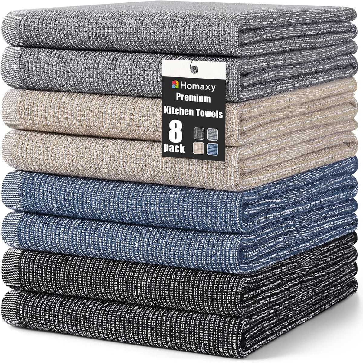 Homaxy Premium Kitchen Towels(18”x 28”, 8 Pack), Large Cotton Kitchen Hand Towels, Flat and Terry Dish Towels, 380 GSM Highly Absorbent Tea Towel Set with Hanging Loop, Mixed Color