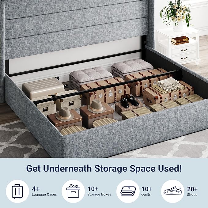 Allewie King Size Lift Up Storage Bed, Modern Wingback Headboard, Hydraulic Support, No Box Spring Needed, Grey Blue