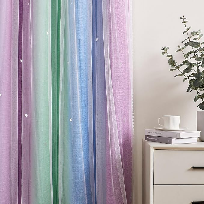 XiDi Curtains for Bedroom Decor, Rainbow Green PurpleBlue52/90/1