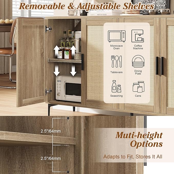 JASIWAY Buffet Cabinet with Storage, 48" Rattan Sideboard with Adjustable Shelves, Modern Coffee Bar Cabinet Console Table with Doors, Credenza for Kitchen, Living Room, Entryway, Dining Room, Wood
