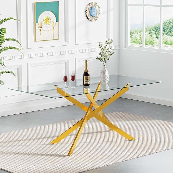 60" Rectangular Glass Dining Table Modern Kitchen Glass Top Table for 6 with Gold Metal Legs, Clear Dining Table Kitchen Table for Home Office Dining Room