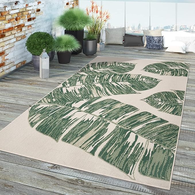 Tropical Outdoor Rug Jungle Leaves Design for Patio in Green Beige, Size: 4'7" x 6'7"