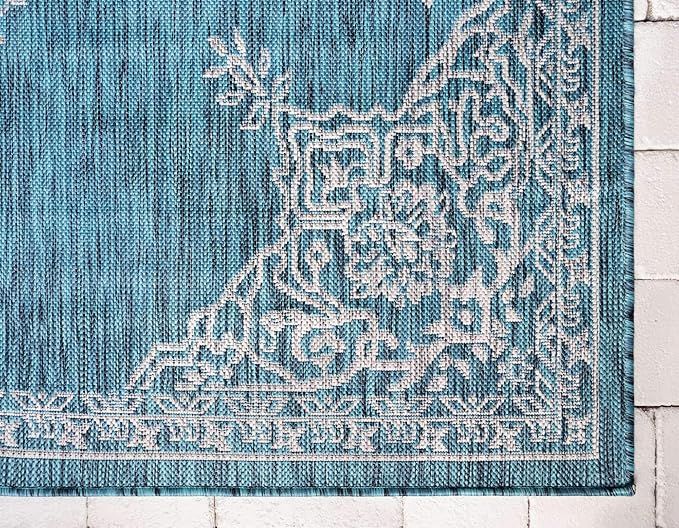 Unique Loom Outdoor Traditional Collection Area Rug - Antique (2' x 6' 1" Runner, Teal/ Gray)
