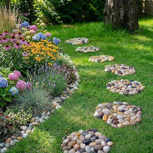 6 PCS Natural River Rock Stepping Stones for Garden Walkway - 9.5'' Hexagon Pebble Mats with Non-Slip Mesh Backing - Decorative Outdoor Stone Pavers for Patio, Lawn, Backyard Path & Landscaping Decor