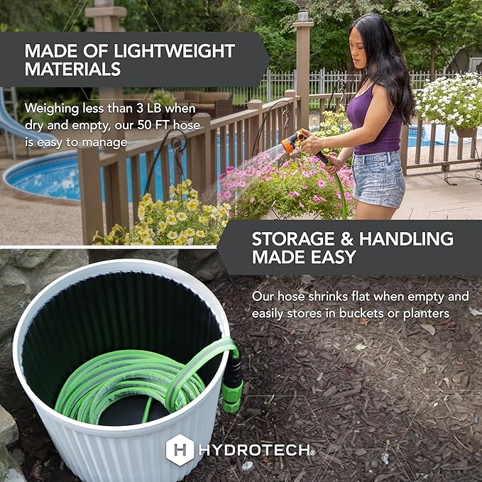 HydroTech FLATJACKET 5/8" 50 ft Garden Hose with Patented Force Control Technology - Flexible, Kink-Free, Lightweight Hose for Lawn, Garden, Car Washing, Deck and Patio Cleaning