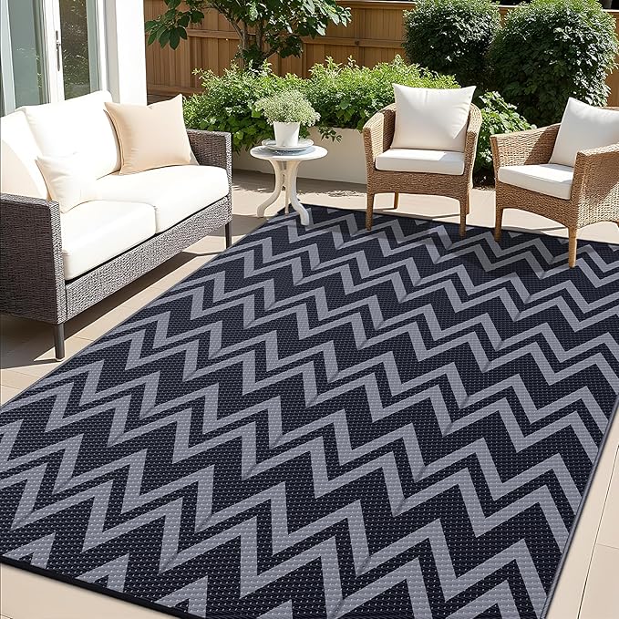 OLANLY Waterproof Outdoor Rug 8x10 ft Clearance, Reversible Outdoor Plastic Straw Rug, RV Mat, Indoor Outdoor Carpet for Patio, Camping, Balcony, Deck, Backyard, Black & Grey