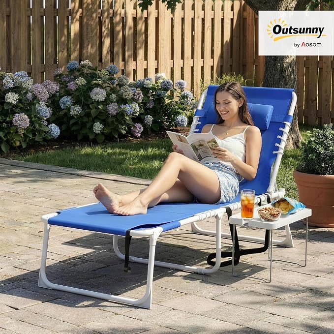 Outsunny Tanning Chair with Face Hole, Side Table, 5-Position Reclining Folding Chaise Lounge Chair Outdoor Lounger Recliner, Carry Straps for Beach Pool Camp, Breathable Mesh, Navy Blue