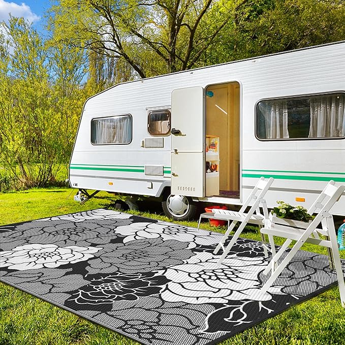 GENIMO Outdoor Rug Waterproof for Patio Decor, 5' x 8' Reversible Plastic Straw Floral Camping Carpet, Large Area Rugs Mats for RV, Camper, Deck, Balcony, Porch, Beach, Picnic, Mix-Black & White