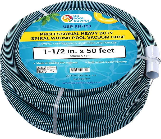 U.S. Pool Supply Pool Vacuum Hose - 1-1/2" x 50' Professional Heavy Duty Pool Hose for Inground, Spiral Wound with Kink-Free Swivel Cuff - Connect to Vacuum Heads, Skimmer, Cleaner, Filter Pump Inlet