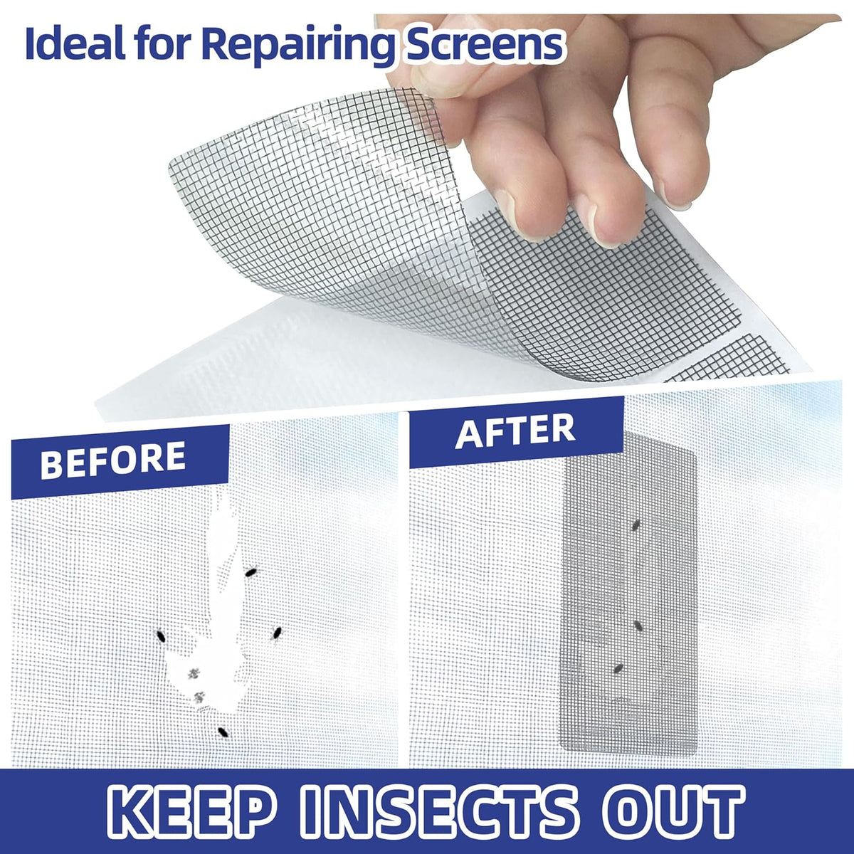 KING MOUNTAIN 20 Sheets Black Window Screen Patches, 44 in Repair Kit for Tears & Holes, Strong Adhesive Mesh Tape, Quick & Waterproof