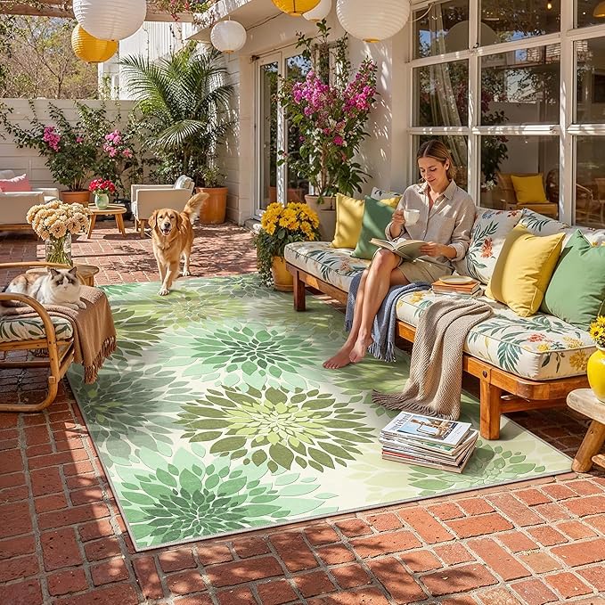 5x7 Indoor Outdoor Area Rug Washable Patio Rug Green Non Slip Non Shedding Waterproof Carpet for Living Room Bedroom Backyard Porch Camping RV Balcony Poolside