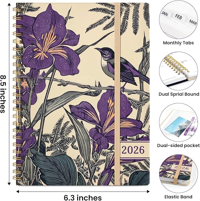 2026 Planner, Weekly and Monthly Planner for Women, Jan 2026 - Dec 2026 Pretty 2026 Calendar Planner with Monthly Tabs, Inner Pocket, Spiral Binding, Perfect for Office Home School - 6.3" x 8.5", Iris Bird