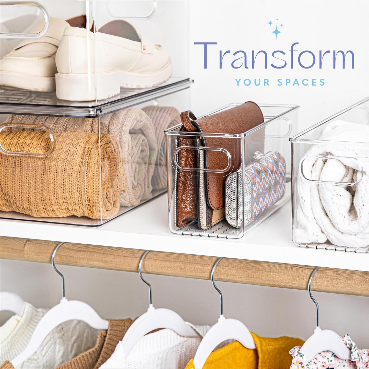 Plastic Food Storage 4 Pack Clear Container Bin with Handles for Organizing Kitchen, Pantry, Refrigerator, Freezer, Pantry, Cabinet, Closet, Bathroom. 10”x4”x5”