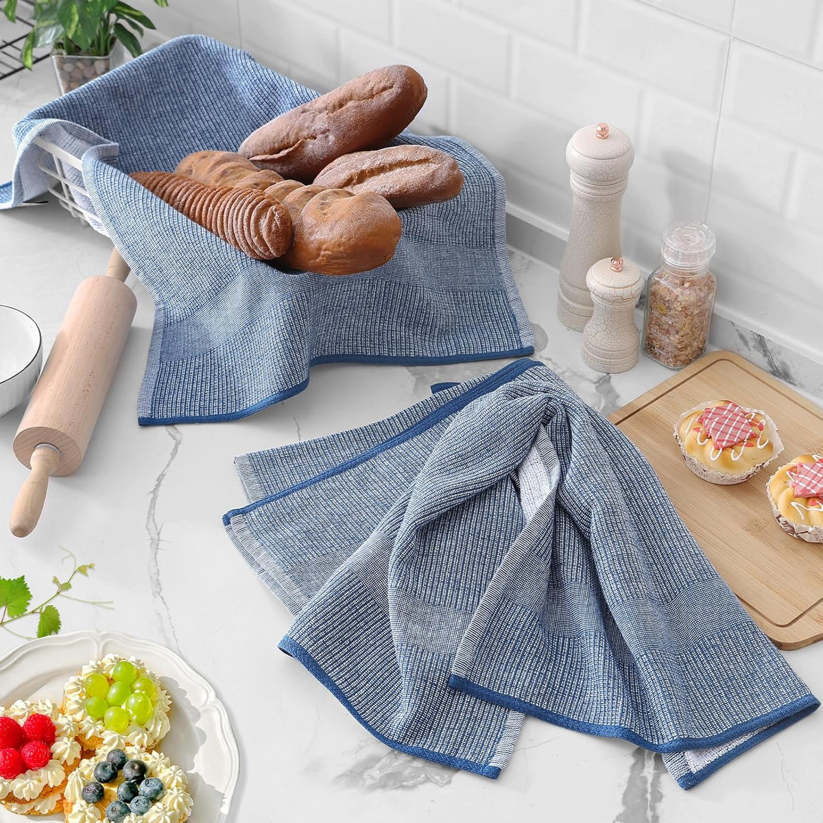 Homaxy Premium Kitchen Towels(18”x 28”, 6 Pack), Large Cotton Kitchen Hand Towels, Flat and Terry Dish Towels, 380 GSM Highly Absorbent Tea Towel Set with Hanging Loop, Navy Blue