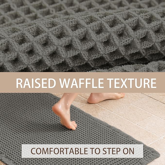 Waffle Bath Mat Non Slip, Boho Bathroom Rug, Super Absorbent Quick Dry Bathroom Mat, Soft Farmhouse Bath Rug with Tassels, Small Washable Shower Mats for Floor 20"x32", Dark Grey