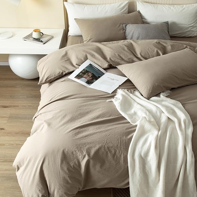 JIYUAN 100% Washed Cotton Duvet Cover Set 3 Pieces Oversized King, 1 Duvet Cover 120x98 Inches(Comforter Not Included) and 2 Pillowcases,Linen Feel Bedding Set Comfy and Breathable,Khaki