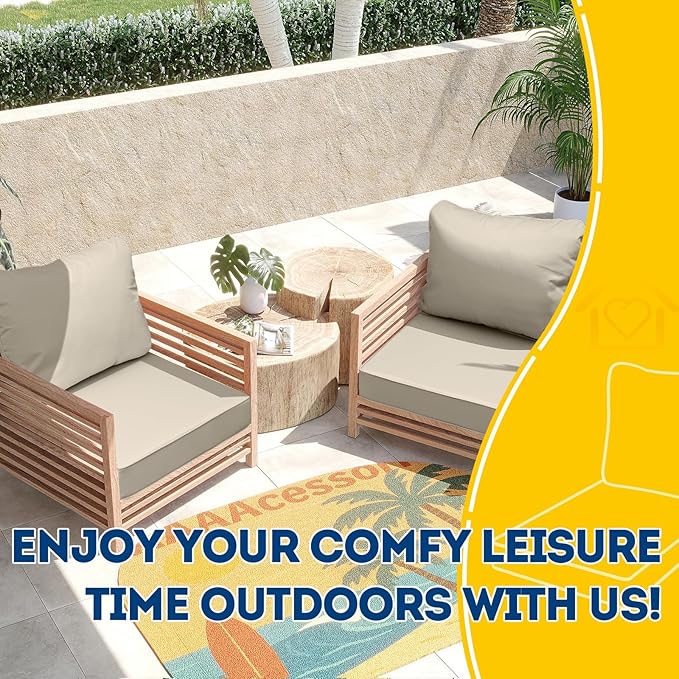 AAAAAcessories Outdoor Seat Cushions for Chairs, Fade-Resistant, Waterproof Patio Furniture Replacement Cushions, 25.5" x 25.5" x 5" + 25.5" x 19", Beige