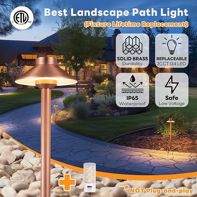 Outdoor Brass Pathway Lights, Warm & Neutral White Adjustable Low Voltage Landscape Path Lighting, 12v Walkway Light LED Waterproof, Copper for Outside Garden Yard with G4 Bulb (4 Pack)