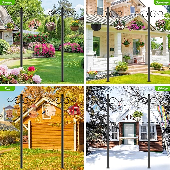 RCUICA Double Shepherds Hooks for Outdoor,1 Pack 55 Inch Bird Feeder Pole with 5 Prongs Base,Heavy Duty Shepherds Hook,Suitable for Garden in Hanging Flower Basket,Lantern,Bird Nests (1 Pack 55 inch)