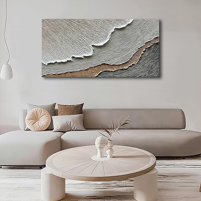 NANKAI Thick Texture Abstract Oil Painting Hand-Painted Beach Wave Landscape Oil Painting Family Wall Decorative Art 24x48 Inch