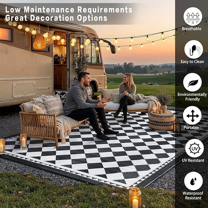 HUGEAR Outdoor Waterproof Rug 8'x10' Plastic Straw Rugs Washable Reversible Floor Mat Black/White Plaid Carpet for Camping RV Deck Entryance Porch Picnic Balcony Beach Backyard