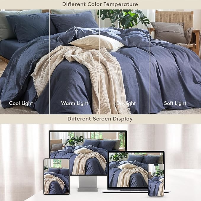 MooMee Bedding Duvet Cover Set 100% Washed Cotton Linen Like Textured Breathable Durable Soft Comfy (Heathered Blue, King 104"x90")