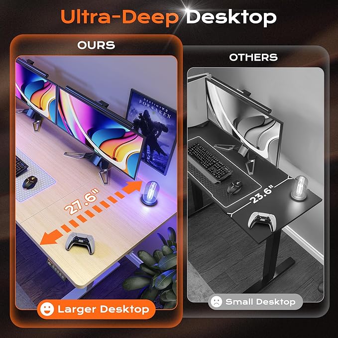 Huuger 63 x 28 Large Electric Standing Desk, Height Adjustable Computer Desk, 27.6" Deep Desktop, Stand up Gaming Office Table with 2 Hooks, 3 Preset Heights, for Home Office, Maple