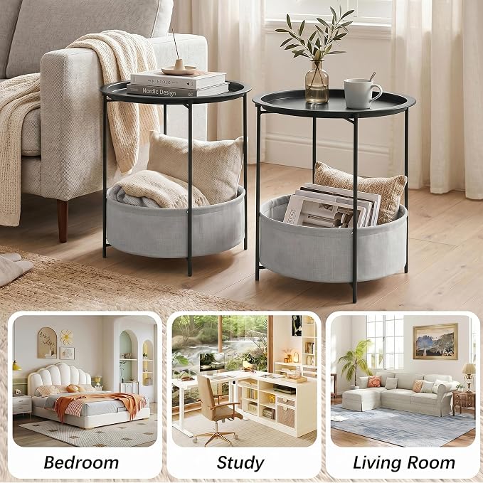 VECELO Round Side/End Table with Fabric Storage Basket，Metal Anti-Rust and Waterproof Small Bedside Nightstand with Removable Tray Top for Living Room，Balcony & Laundry，Black /2pcs with Basket