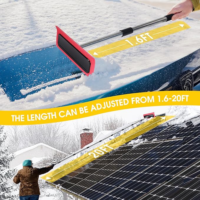2-in-1 Leaf Roof Brush and Snow Rake, Roof Cleaning Brush & Leaf Removal Tool, Adjustable 5-20ft Cleaning Brush Tool for Cleaning Shingles, Solar Panels, Car Tops with No-Scratch Head