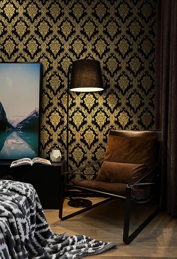 Peel and Stick Wallpaper Black and Yellow Damask Wallpaper