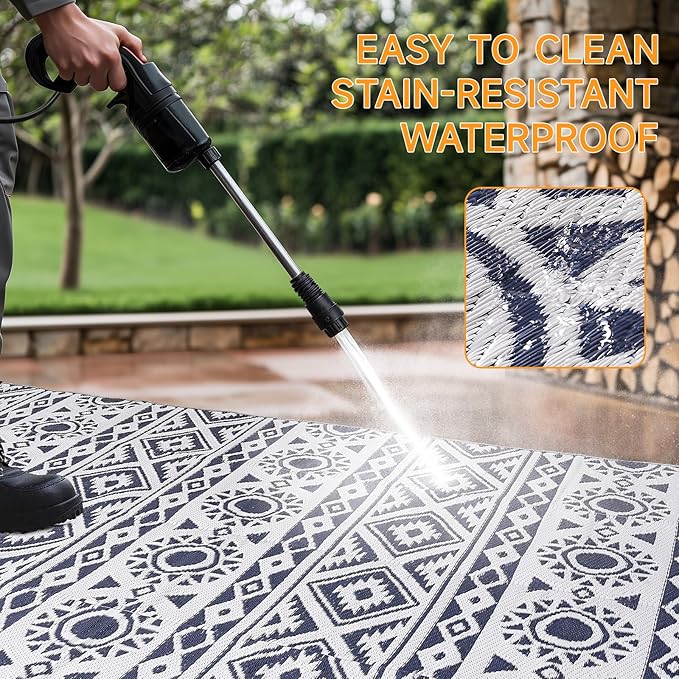 Outdoor Rug Waterproof 6x9 ft, Reversible Outdoor Plastic Straw Rug Patio Rug, RV Rugs for Outside, Outdoor Carpet for Patio Camping Deck Balcony Backyard, Blue & White