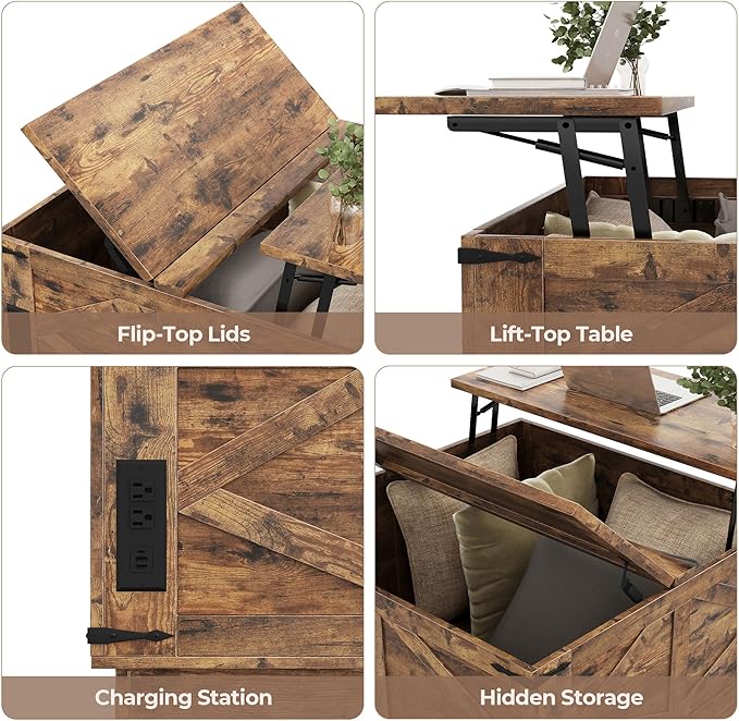 Farmhouse Lift Top Coffee Table, Square Wood Center Table with LED Lighting, USB-C Charging Station, and Hidden Storage Compartment - Rustic Brown Living Room Furniture