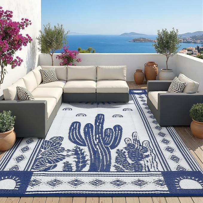 Garvee Reversible Cactus Outdoor Rug 8x10 for Patio, Waterproof Outdoor Area Rug, Modern Desert Botanical Indoor Outdoor Rugs, Plastic Straw Rug for RV, Camping, Deck, Navy Blue & Beige