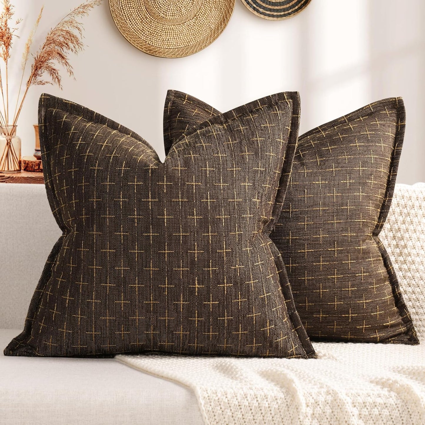 ZWJD Pillow Covers 22x22 Set of 2 Soft Polyester Textured Pillow Covers with Stylish Flange Edge Cozy Farmhouse Throw Pillows for Couch Bed Sofa Living Room