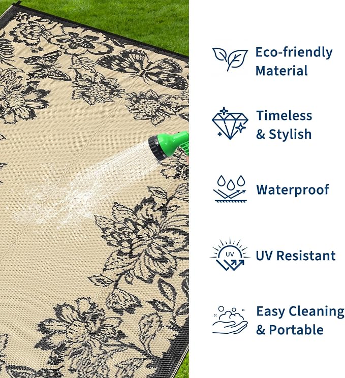 Garvee Outdoor Rugs 9’x12’ Waterproof Reversible Mats, Large Area Plastic Straw Rug, Outside Carpet, Butterfly Floral Rv Mat for Patio Camping Picnic Backyard Deck Balcony Porch Beach Trailer