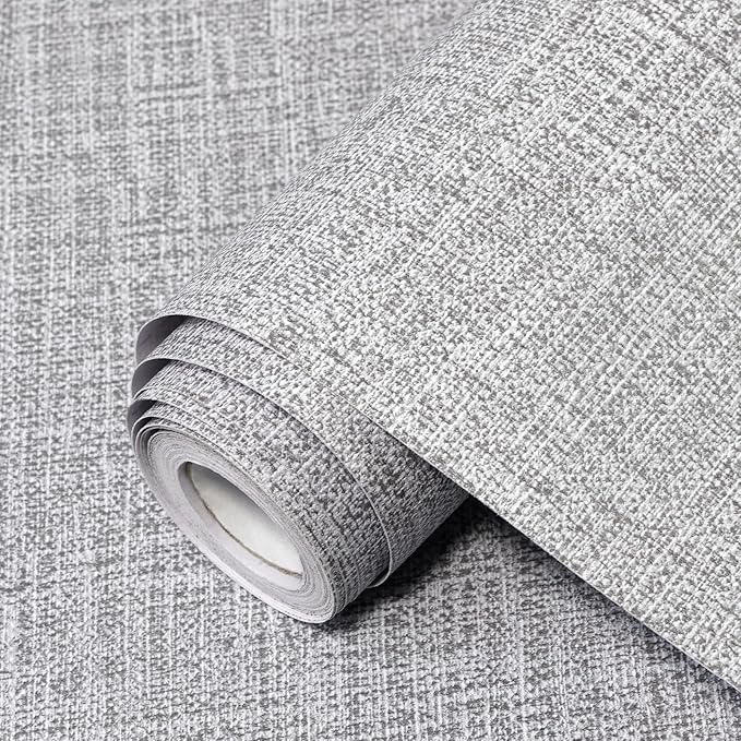 Grey Grasscloth Peel and Stick Wallpaper 17.3"x480" Faux Linen Textured Contact