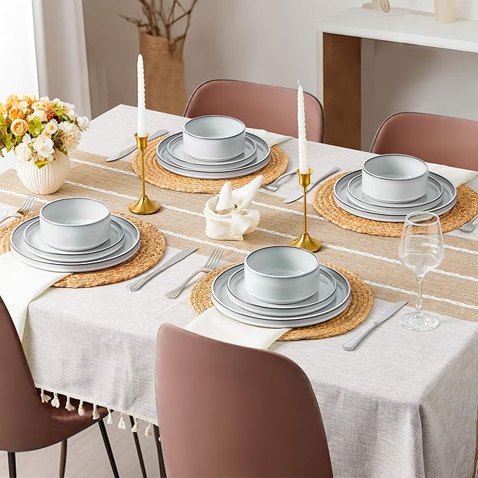 LIANYU 18 Piece Dinnerware Sets for 6, Stoneware Dinner Plates and Bowls Set, Dishware Dish for Home Kitchen Dining, Rustic Terracotta Bottom, Dishwasher & Microwave Safe, Lucent White