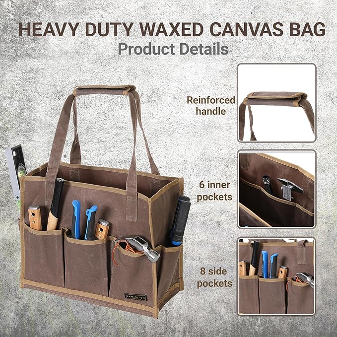 Heavy-Duty Waxed Canvas Tool Pouch - 14-Pocket Garden Tool Organizer with Removable Handle | Multi-Compartment Storage Bag for Tools (14.5" x 11" x 6.5", Grey)