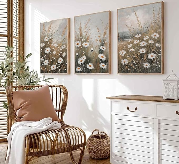 3 Pcs Vintage Wildflowers Field Canvas Wall art Farmhouse Rustic Wildflower Nature Landscape Painting Pictures Wall Decor Posters Print Artwork for Living Room Bathroom Home Decoration Unframed