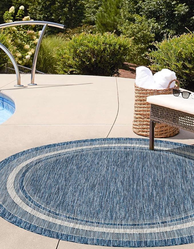 Unique Loom Outdoor Border Collection Area Rug - Soft Border (10' Round Blue/Ivory)