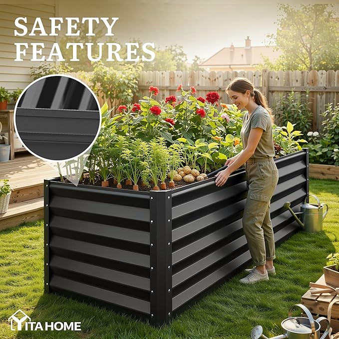 YITAHOME 6x3x3ft Large Raised Garden Bed Kit, Galvanized Metal Planter Box with Gloves, Support Rod, Outdoor Above Ground Planters for Plants Vegetables Flowers, Black