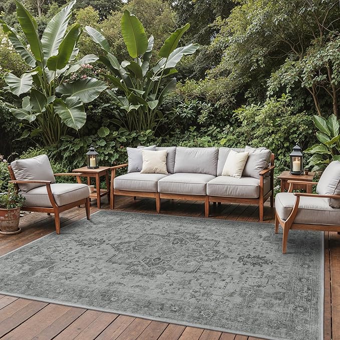 GENIMO Outdoor & Indoor Area Rug 8'x10', Waterproof, Non-Shedding, Easy Cleaning, Boho Mat for Patio, Living Room, Balcony, Dining Room, RV, Deck, Bedroom, Camping, Outside Carpet,Dark Grey
