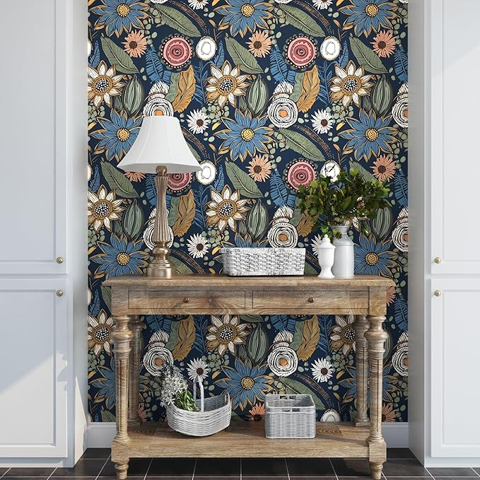 Boho Wallpaper Peel and Stick, Dark Vintage Floral Contact Paper, 17.5" x 197"