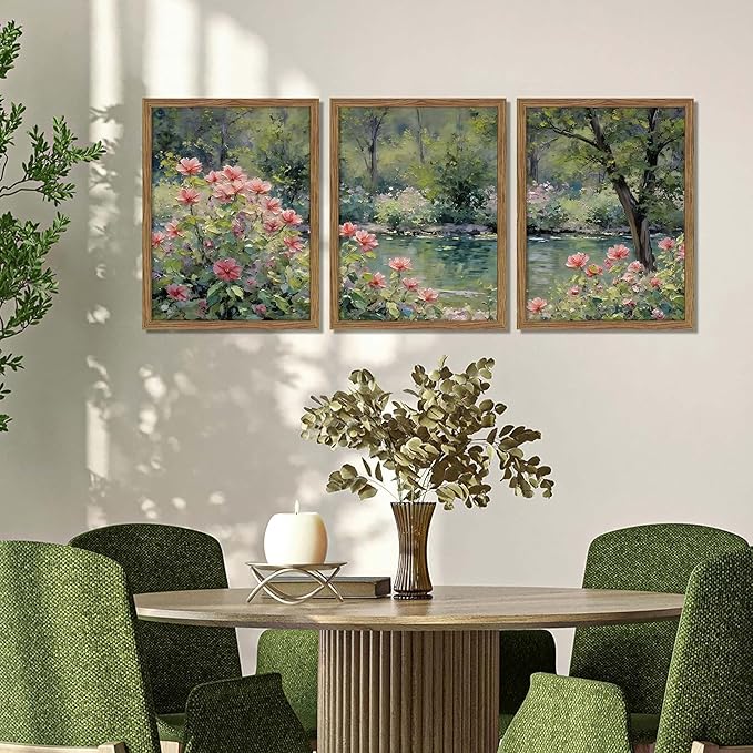 Framed Monet Wall Art Set of 3, Impressionist Botanical Floral Canvas Wall Decor