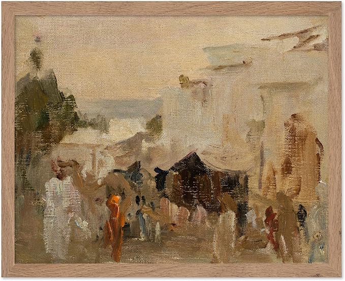 Poster Master Vintage The Bazaar Painting Poster - Retro Street in Udaipur Print - India Art - Cityscape Art - Farmhouse Art - Abstract Art - Office or Living Room Wall Decor, 16x20 Beige Framed