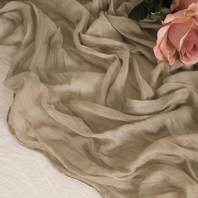 Snowkingdom 10 FT Light Brown Tan Christmas Cheesecloth Table Runner, 120 inch Long Boho Rustic Gauze Sheer Runner for Wedding Baby Shower Birthday Xmas Holiday Party Decorations