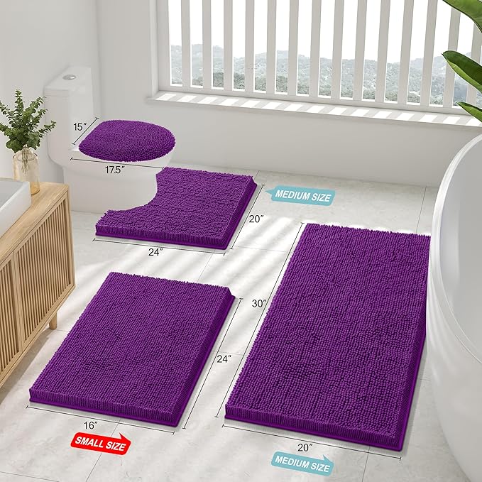 Smiry Luxury Chenille Toilet Rugs U-Shaped 24x20, Soft Absorbent Non-Slip Contour Bathroom Rugs for Toilet, Machine Washable Contoured Bath Mats, Violet